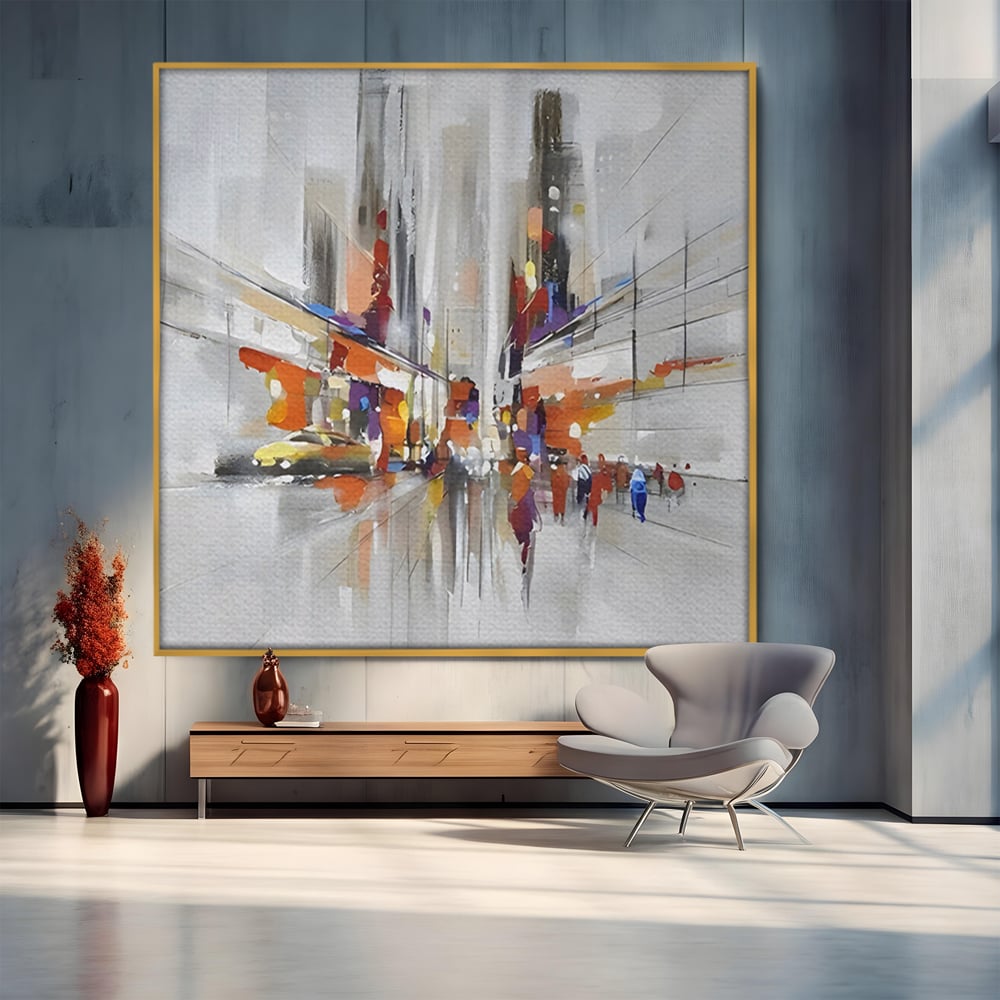 Tablou canvas cu pictura abstracta cu peisaj urban, in rama de aluminiu auriu